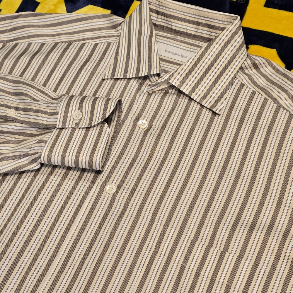 Ermenegildo Zegna Mens Striped Button Down Shirt Brown Tan White Cotton Sz 16 L